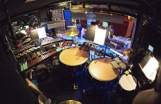 Billy Miller's percussion setup for the Broadway production of Big Fish at the Neil Simon Theatre.