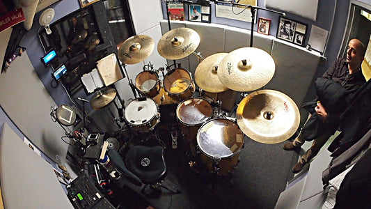 Ray Marchica's drum set setup for the Broadway production of Mamma Mia at the Broadhurst Theatre.