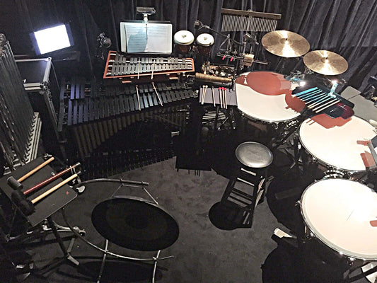 Jaren Angud's percussion setup for Les Miserables at the Eisenhower Auditorium at Penn State University in University Park, Pennsylvania.