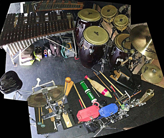 Debbie Minnichelli's percussion setup for Smokey Joe's Cafe at the Stage Door Repertory Theatre in Anaheim, California.