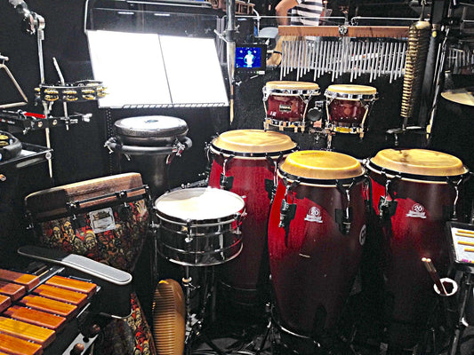 Shan Chana's percussion setup for Aladdin at the Prince of Wales Theatre in London's West End.