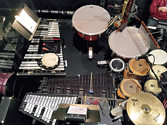 Brandon Levesque’s percussion setup for Rhode Island College’s production of Seussical.