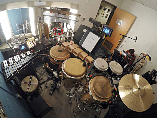 Ryan McCausland's percussion setup for the National Tour of Dirty Dancing at the Eisenhower Auditorium at Penn State in University Park, Pennsylvania.