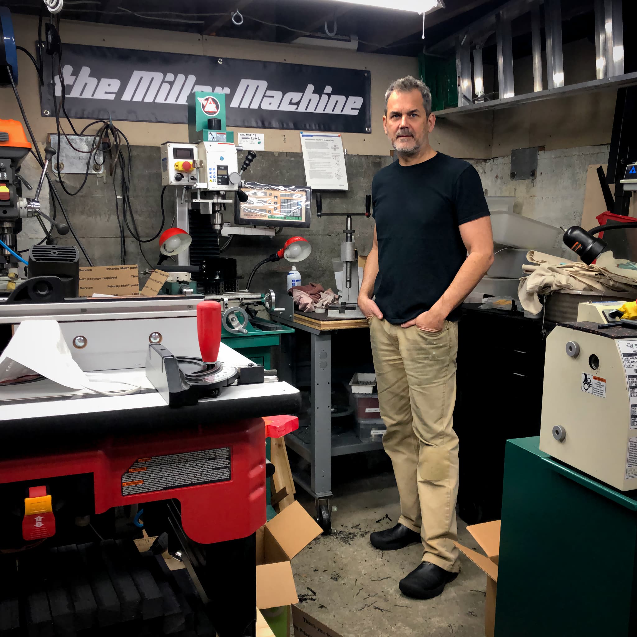 Photo of Billy Miller in his Miller Machine workshop in Seattle, Washington.