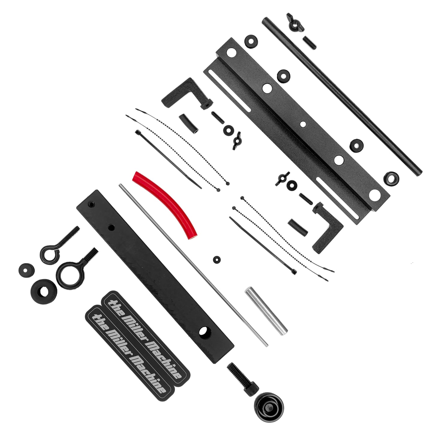 All the parts needed to make a Horizontal Machine, laid out on a flat surface.