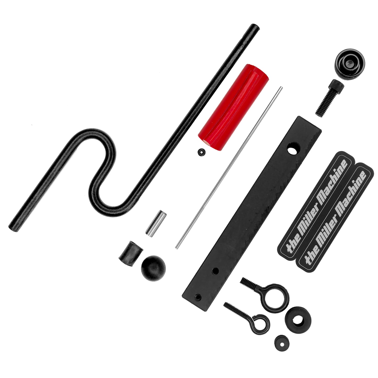 All the pieces and parts needed to make The Miller Machine, Block Machine, laid out flat.