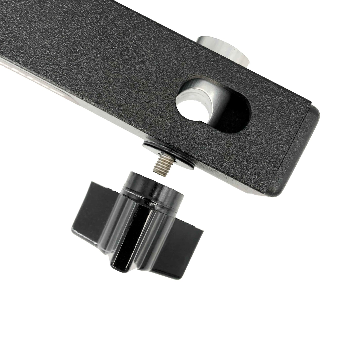 Closeup of beater angle adjustment for the Triangle Machine + (Plus) from The Miller Machine. Beater angle can be quickly adjusted from 90 degrees, for a focused sound, to 135 degrees, for creating a spread of overtones.
