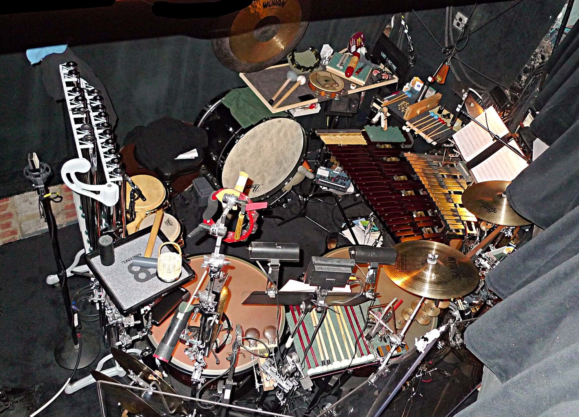 Billy Miller’s percussion setup for the Broadway production of The Addams Family at the Lunt-Fontanne Theatre.