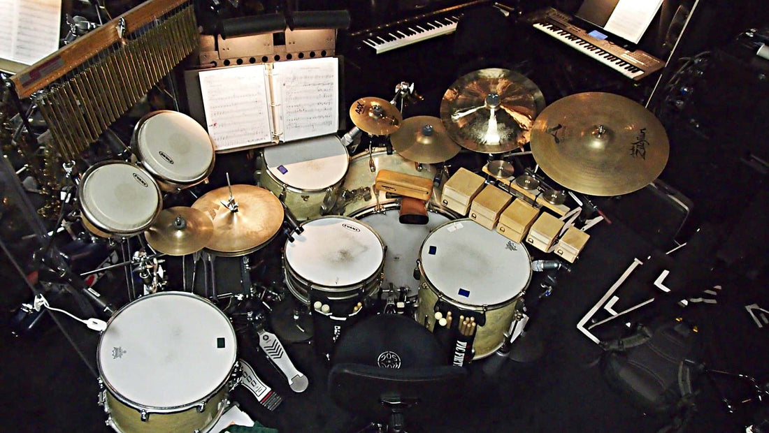 Eric Poland's drum set setup for the Broadway revival of Nice Work If You Can Get It at the Imperial Theatre.