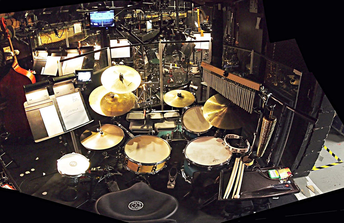 Rich Rosenzweig's drum set setup for the Broadway production of Cinderella at the Broadway Theatre.
