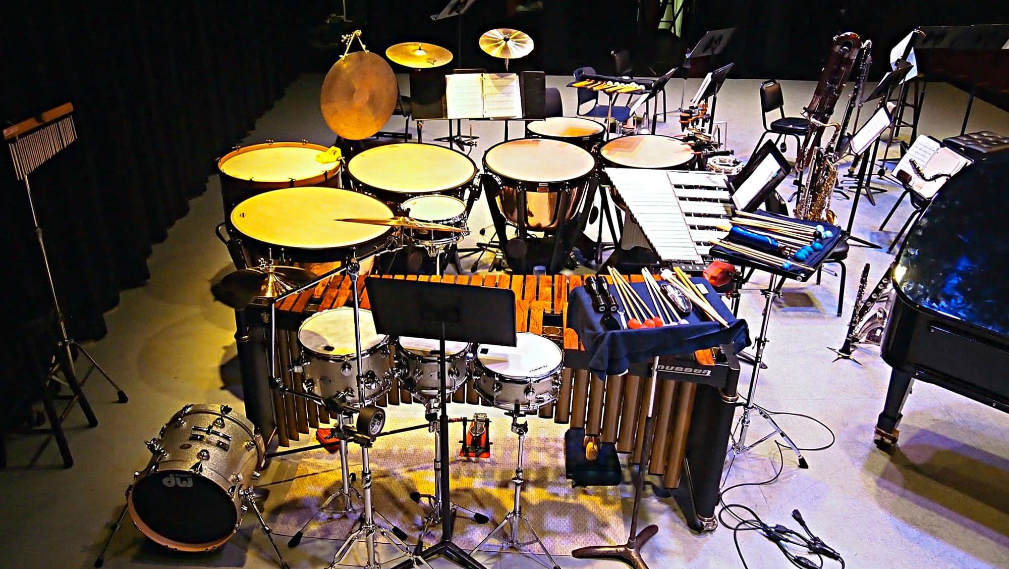 Greg Landes’ setup for the Pit Stop Players’ concert at Symphony Space in New York City.