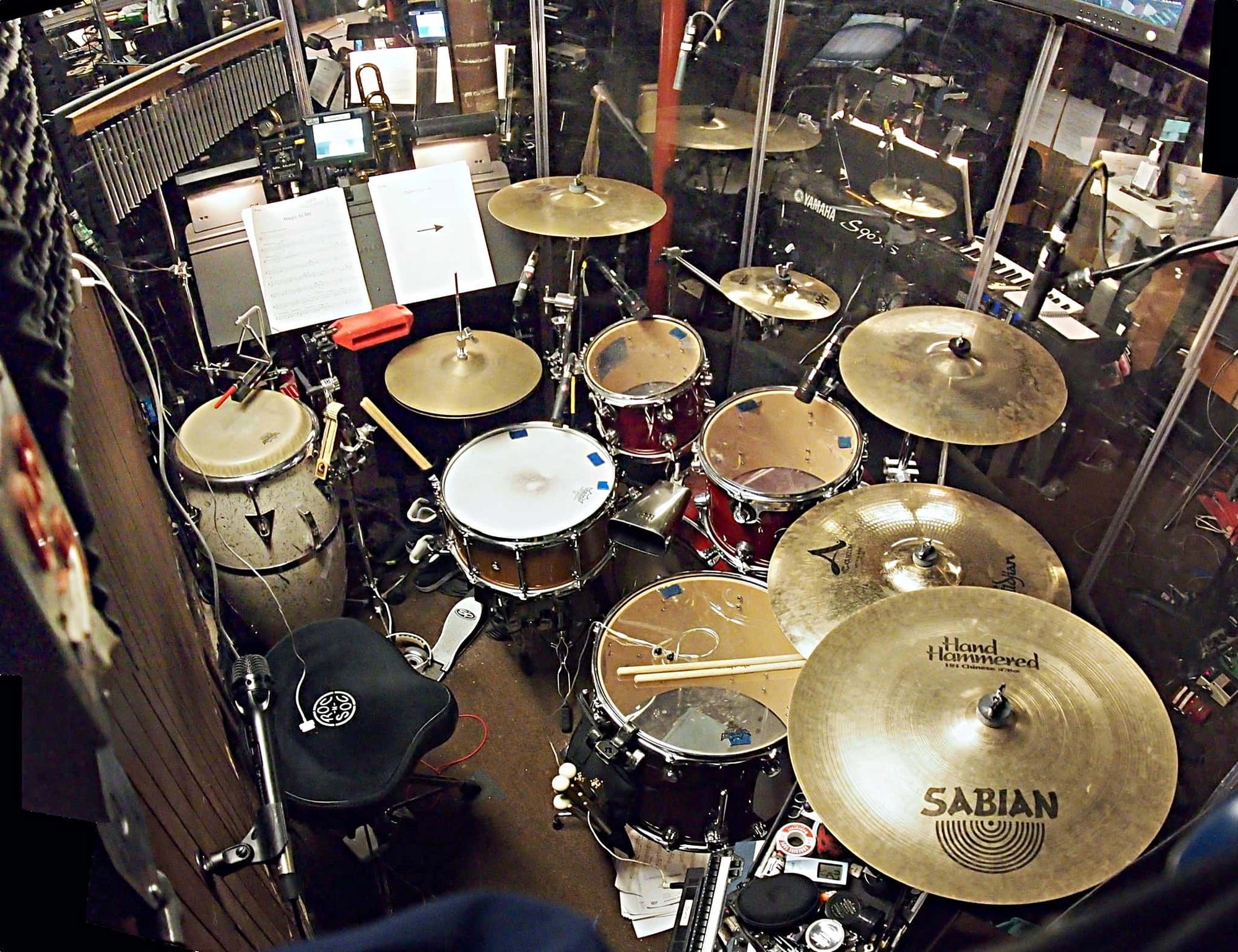 Jared Schonig's drum set setup for the Broadway revival of Pippin at the Music Box Theatre.