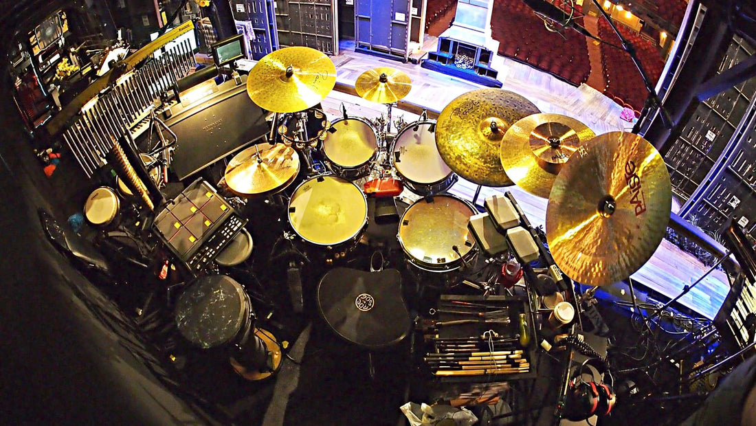 Perry Cavari's drum set setup for the Broadway production of Big Fish at the Neil Simon Theatre.