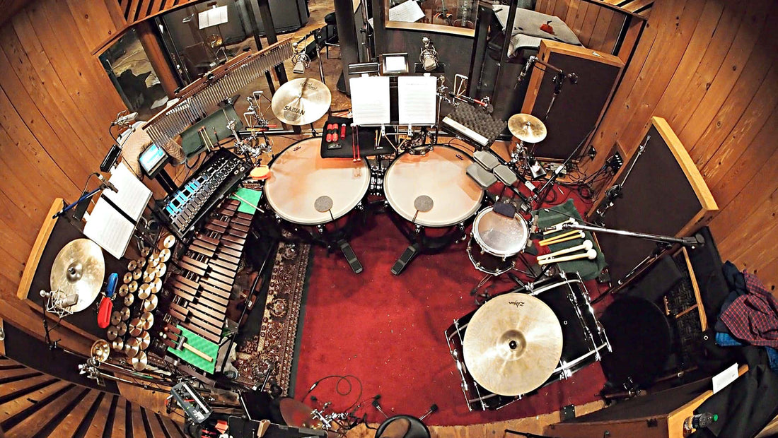 Billy Miller's percussion setup for the Broadway Cast Album of Big Fish at MSR Studios in New York City.