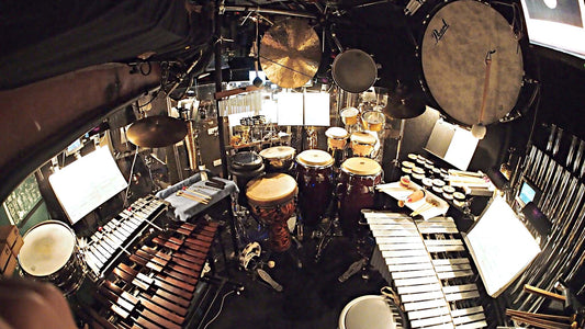 Mike Englander’s percussion setup for the Broadway production of Aladdin at the New Amsterdam Theatre.