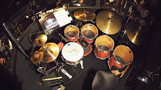 Alec Wilmart's drum set setup for A Chorus Line at The 5th Avenue Theatre in Seattle, Washington.