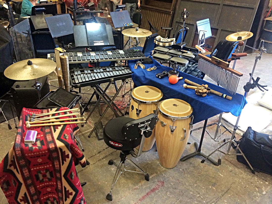 Matthew Dudek's percussion setup for Cy Coleman’s The Life at Oakland University in Rochester, Michigan.