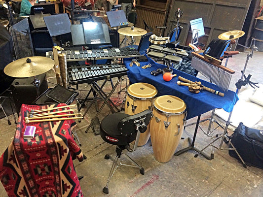 Matthew Dudek's percussion setup for Cy Coleman’s The Life at Oakland University in Rochester, Michigan.