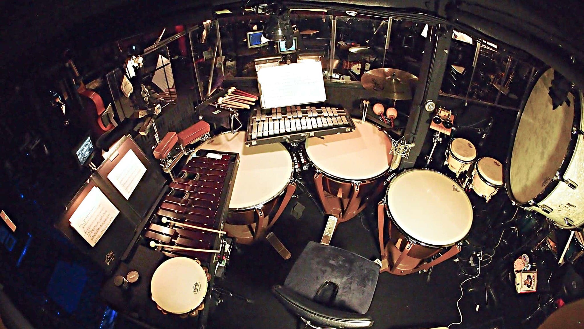 Charlie Descarfino's percussion setup for the Broadway production of On The Town at the Lyric Theatre.