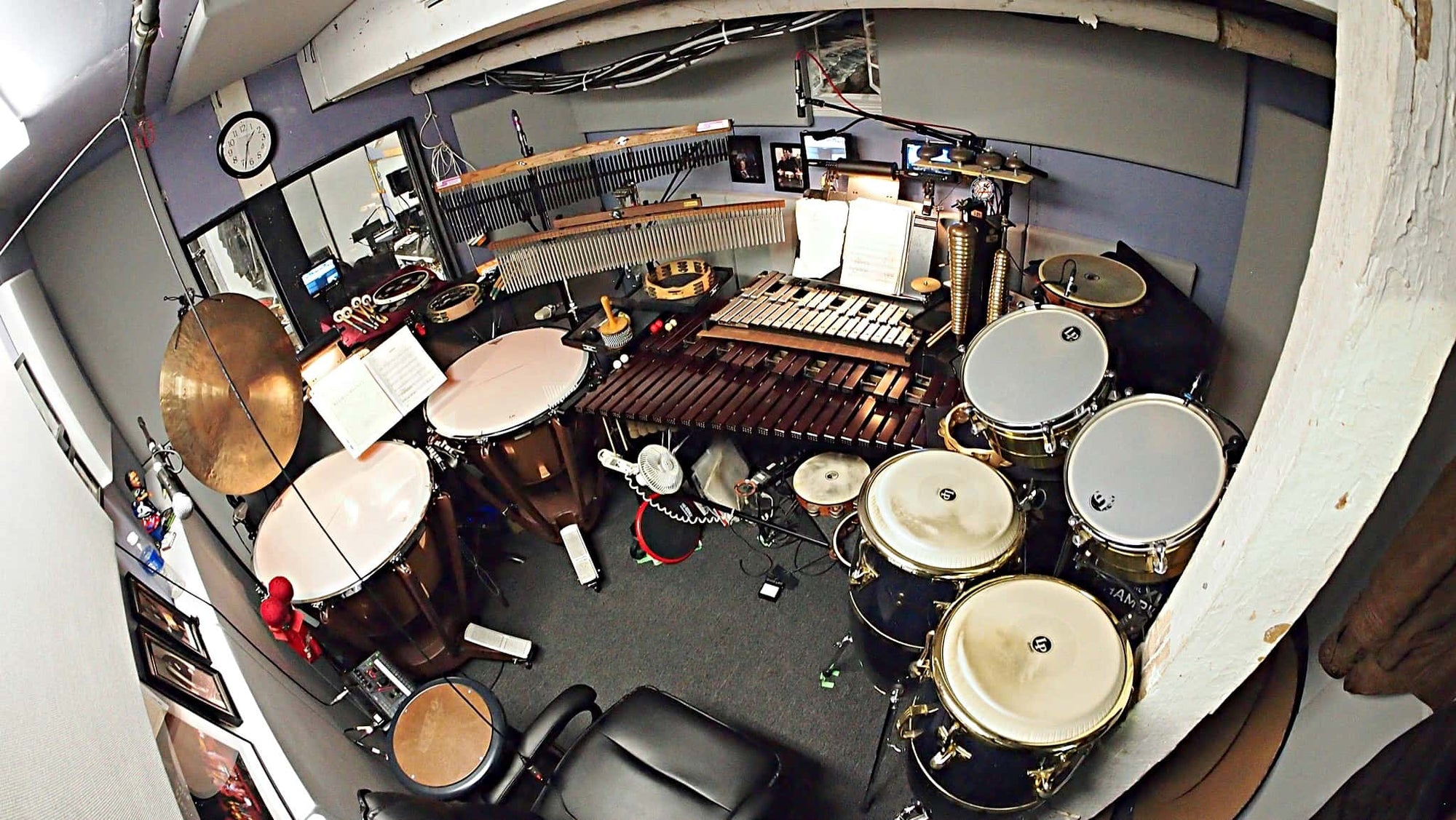 David Nyberg's percussion setup for the Broadway production of Mamma Mia at the Broadhurst Theatre.