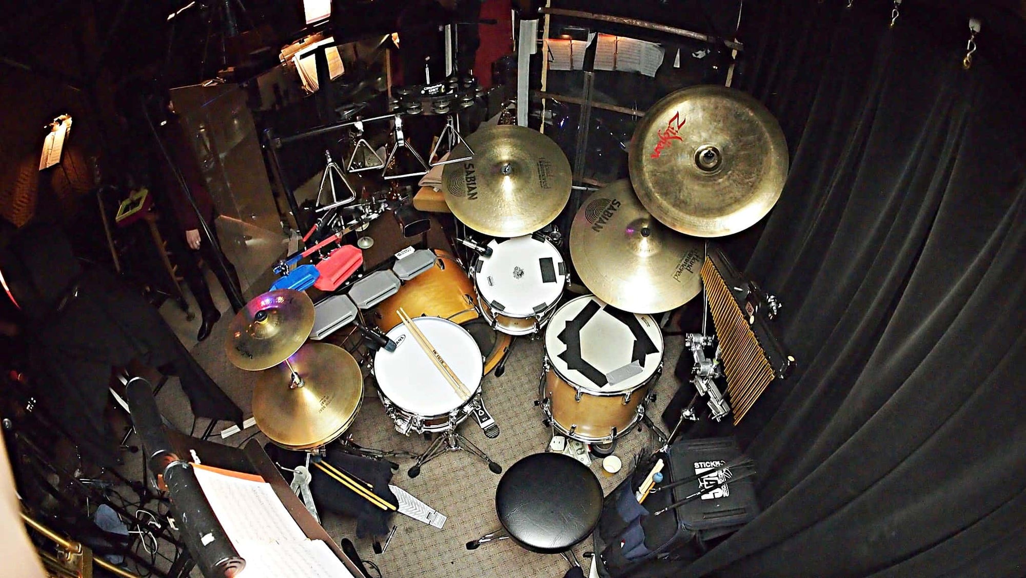 Chris Monroe's drum set setup for Mary Poppins at the Village Theatre in Everett, Washington.