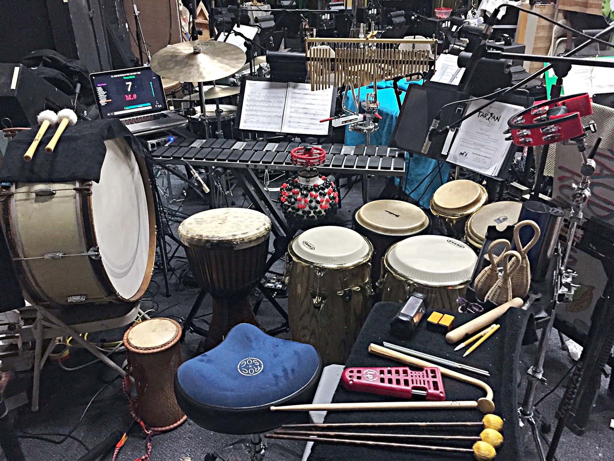 Rob Guilford's combined percussion setup for Tarzan at the White Plains Performing Arts Center in White Plains, New York.