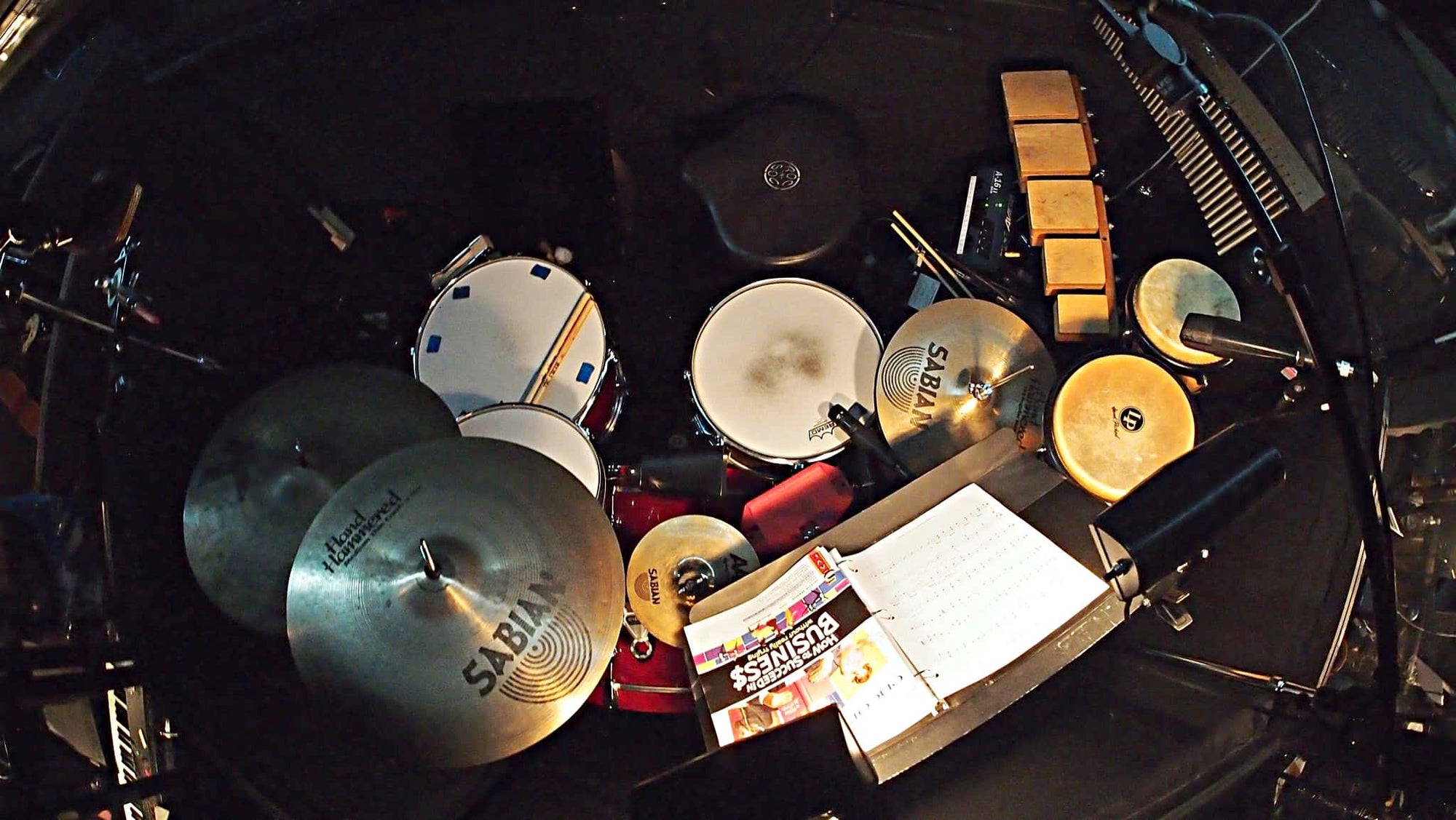 Alec Wilmart’s drum set setup for How to Succeed in Business Without Really Trying at the 5th Avenue Theatre in Seattle, Washington.