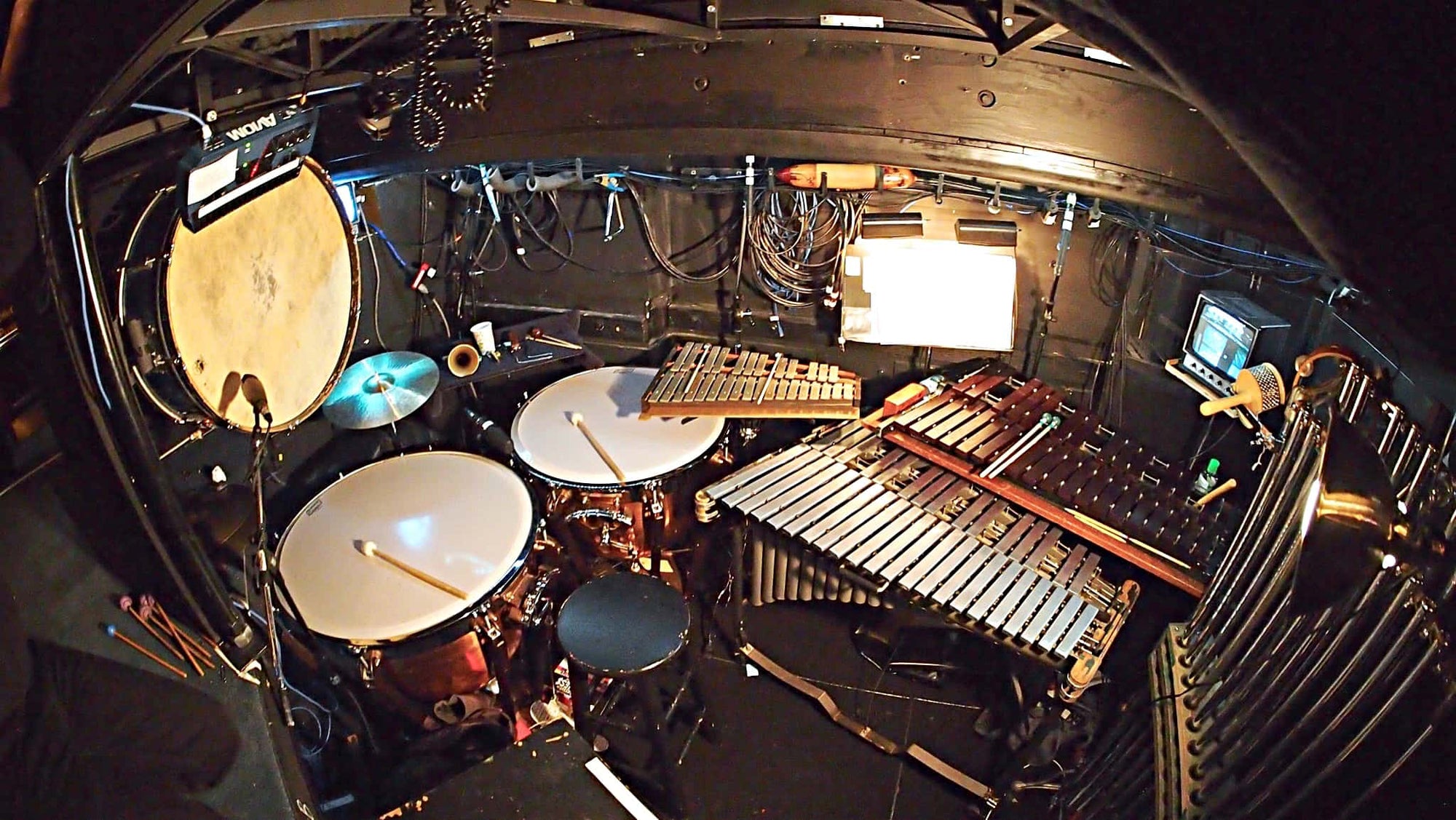 Paul Hansen’s percussion setup for How to Succeed in Business Without Really Trying at the 5th Avenue Theatre in Seattle, Washington.