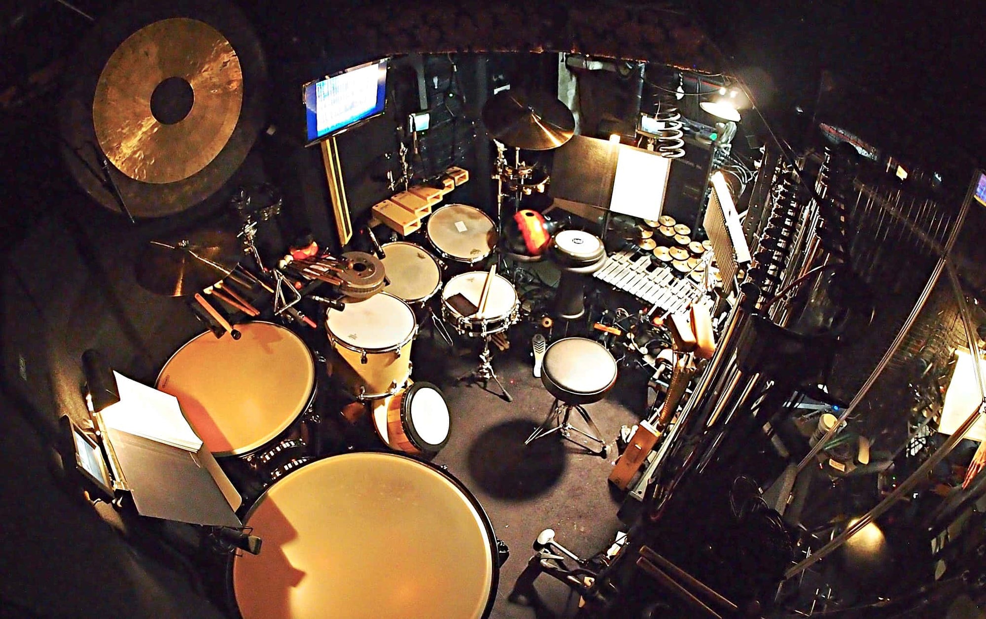 Dave Roth’s percussion setup for the Broadway production of Finding Neverland at the Lunt-Fontanne Theatre.