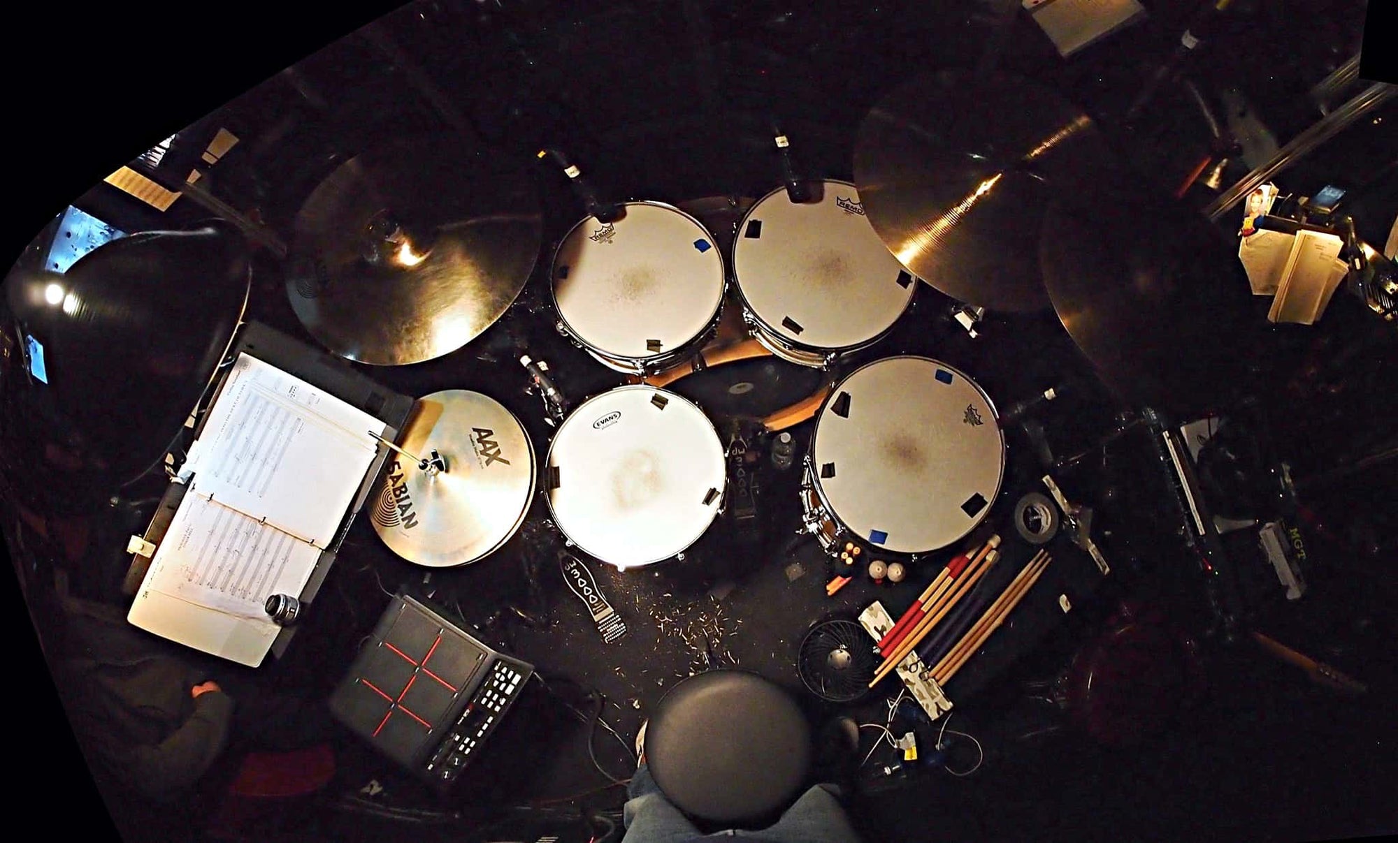 Joe Choroszewski’s drum set setup for the Broadway production of Finding Neverland at the Lunt-Fontanne Theatre.