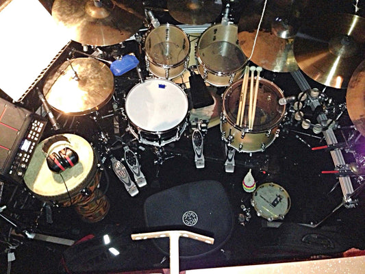 Tim Goodyer's drum set setup for The Book of Mormon at the Prince of Wales Theatre in London's West End.
