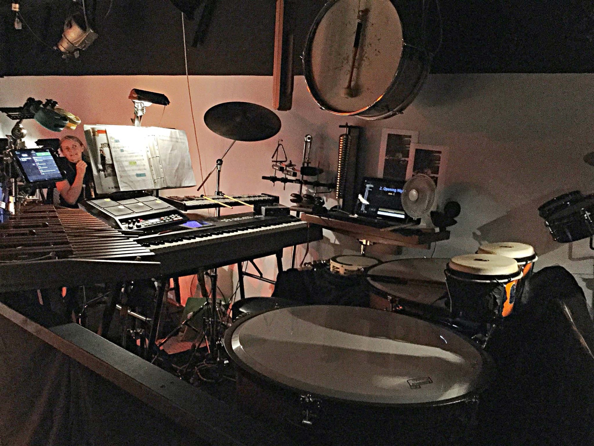 Lindsay Kaul’s percussion setup for The Producers at The Players Theater in Port Macquarie in New South Wales, Australia.