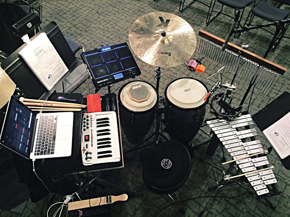 Skyler Fortgang’s percussion setup for Little Shop of Horrors at The Livingston Theater Company at Rutgers University in New Brunswick, New Jersey.