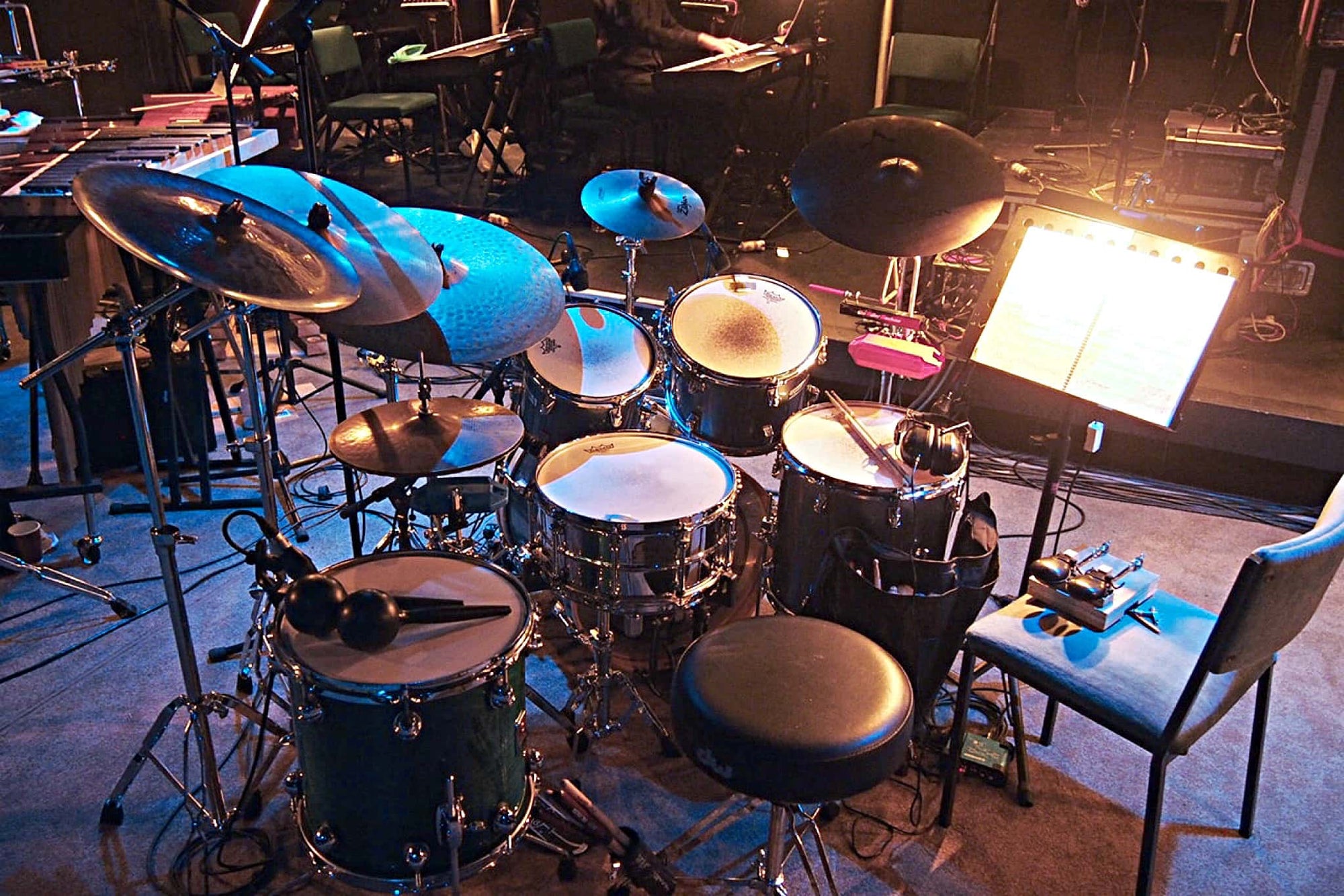 Tim Sellars’ drum set setup for Showbiz Christchurch’s production of Evita at the Isaac Theatre Royal in Christchurch, New Zealand. 