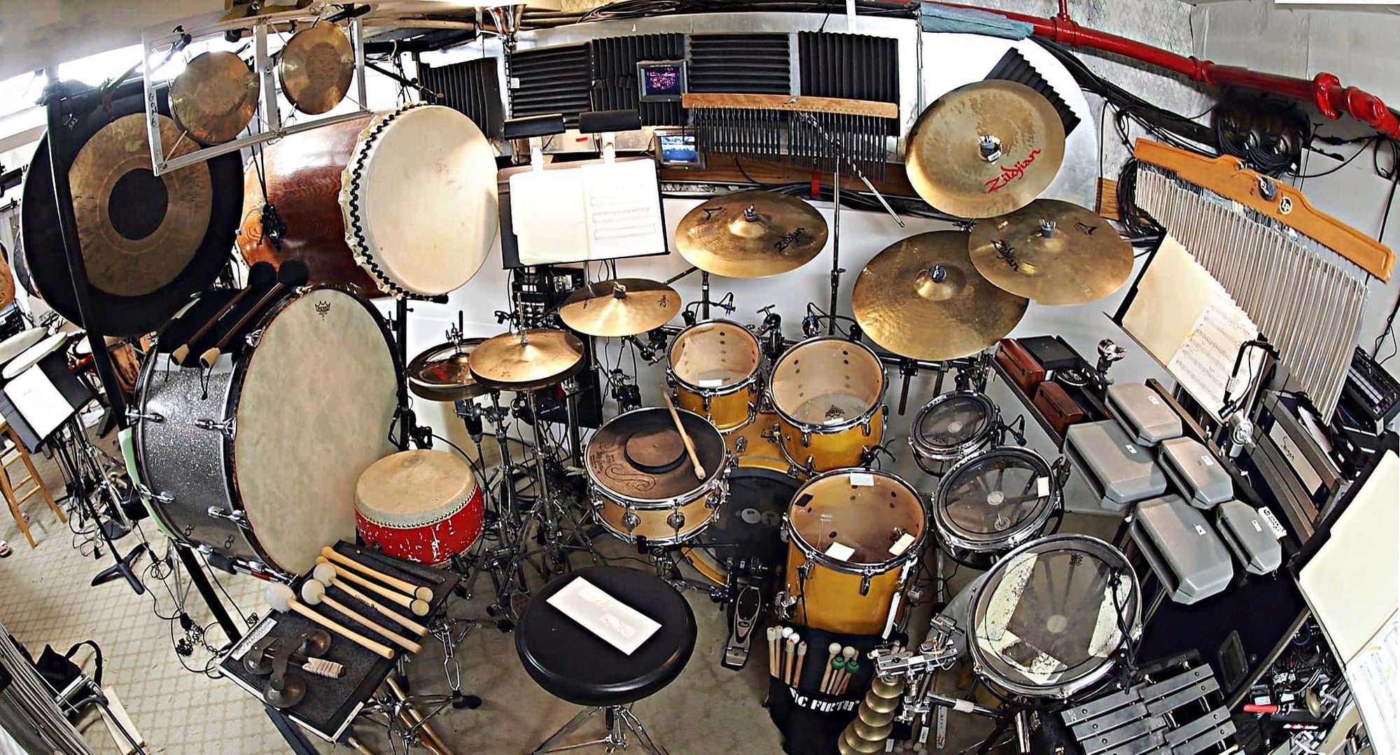 Ray Marchica's drum set setup for the Broadway revival of Miss Saigon at the Broadway Theatre.