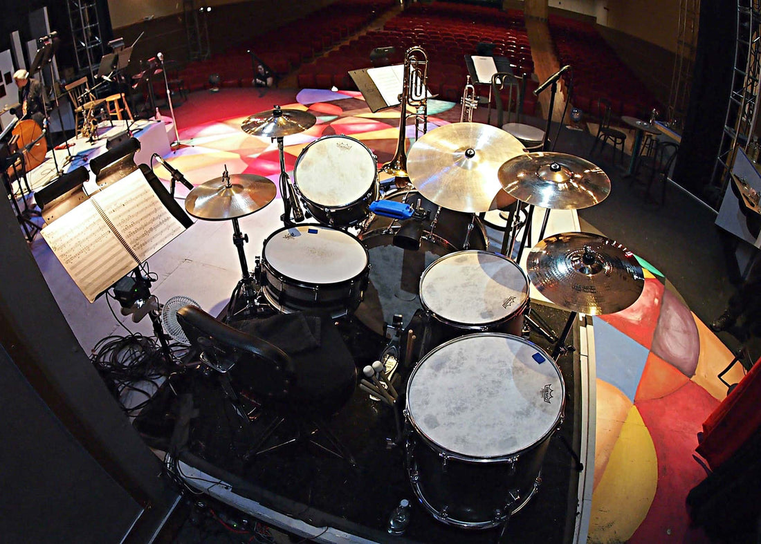 Scot Sexton’s drum set setup for the Seattle Musical Theater's production of Ain’t Misbehavin’ in Seattle, Washington.