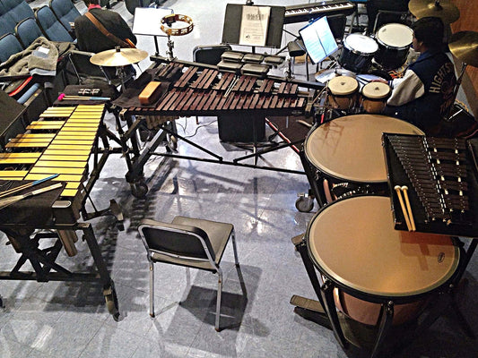 Will Marinelli's percussion setup for the Hightstown High School's production of Pippin in Hightstown, New Jersey.