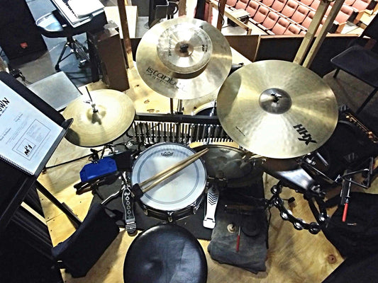 Eli Maniscalco’s setup for Urinetown at the YMCA Boulton Center for the Performing Arts in Bay Shore, New York.