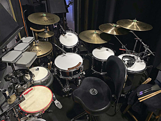 Jeremy Logan's drum set setup for Kiss Me Kate at the William R. Boone High School in Orlando, Florida.