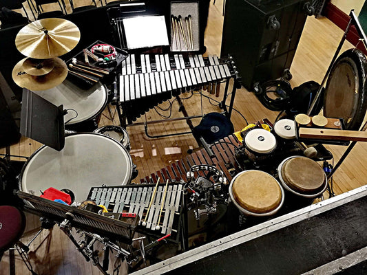 Alfie Pugh's percussion setup for 9 to 5, at the Exmouth Pavilion, in Exmouth, United Kingdom.