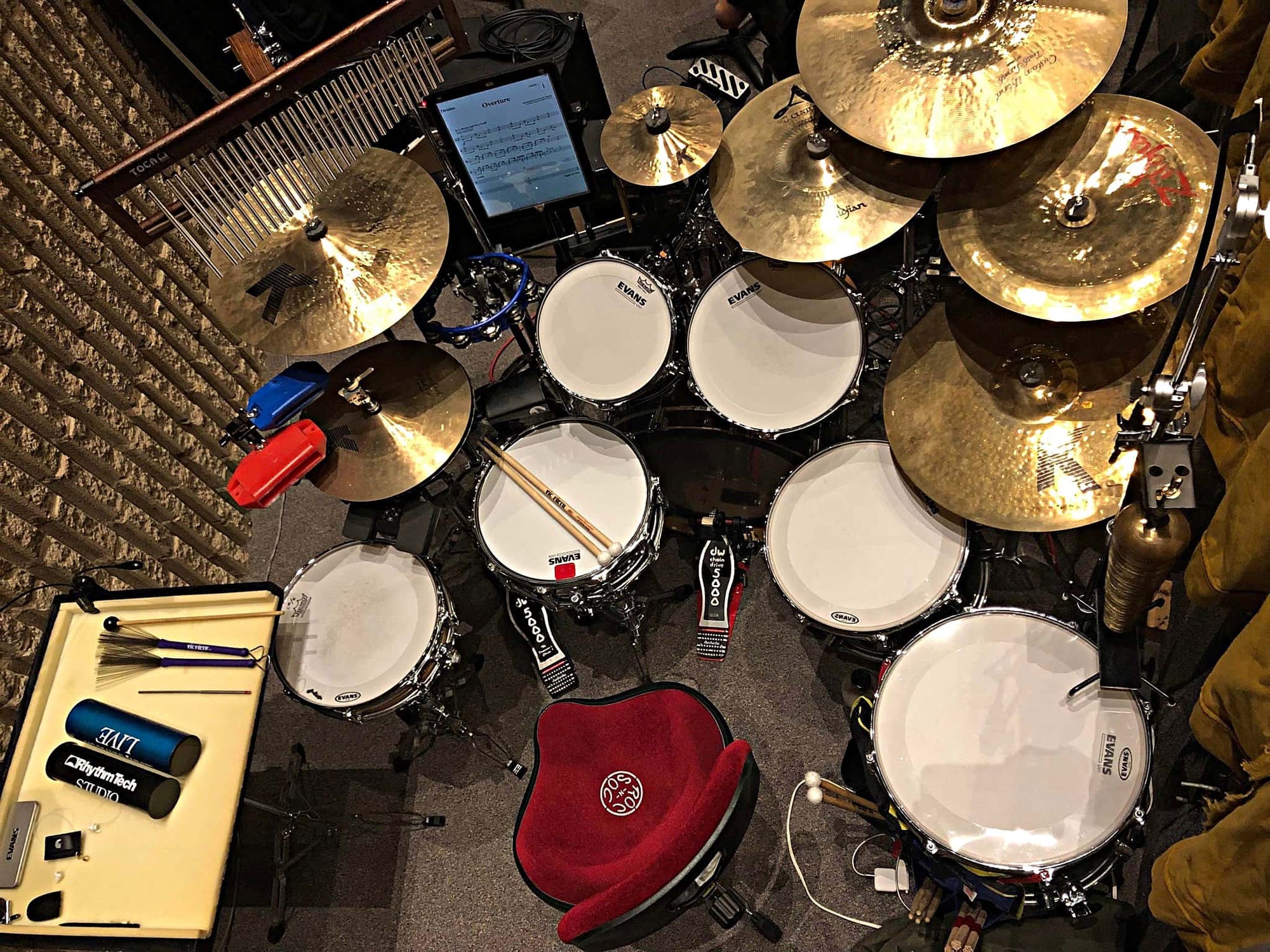 Carl Nelson's drum set setup for Shrek at the Calvin Christian High School, in Grandville, Michigan.