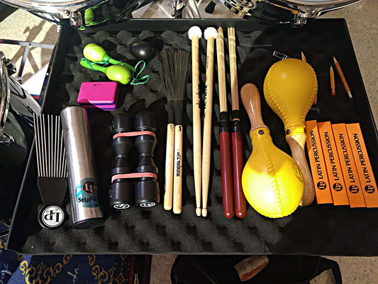 Will Marinelli's drum set setup for In The Heights at Dover High School in Dover, New Jersey.