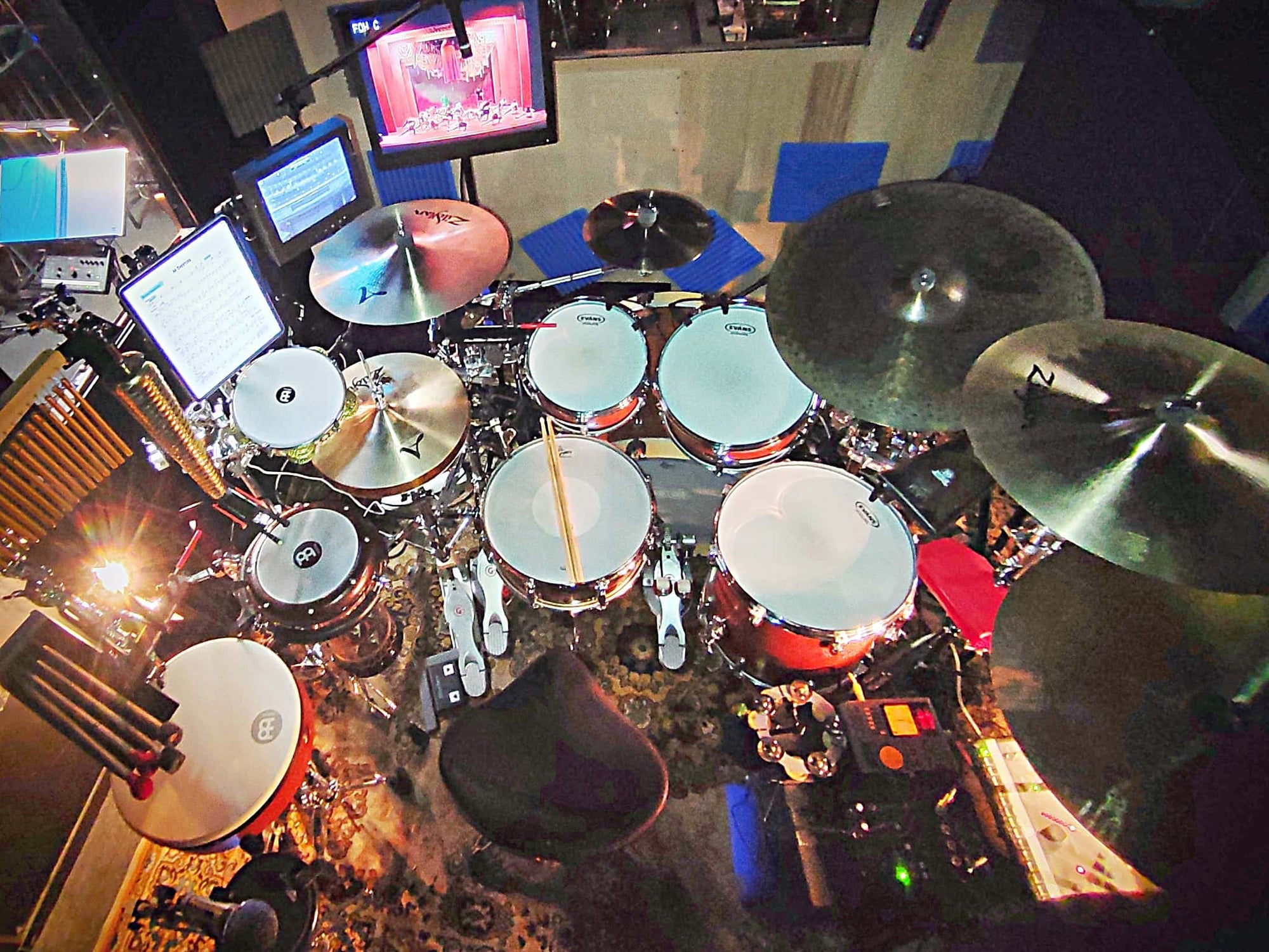 Ángel Crespo's drum set setup for the International Production of Disney's Aladdin at the Teatro Coliseum, in Madrid, Spain