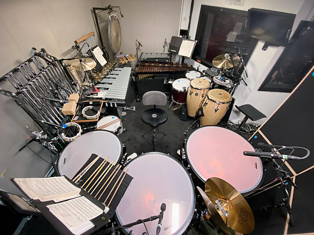 Dave Roth's percussion setup for the Broadway production of Back to the Future at the Winter Garden Theater in New York City.