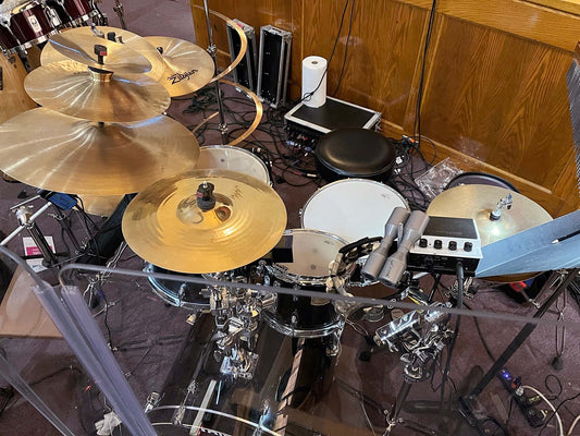 Ron Grassi's drum set setup for Mean Girls at Archbishop Performing Arts, in Warminster, Pennsylvania.