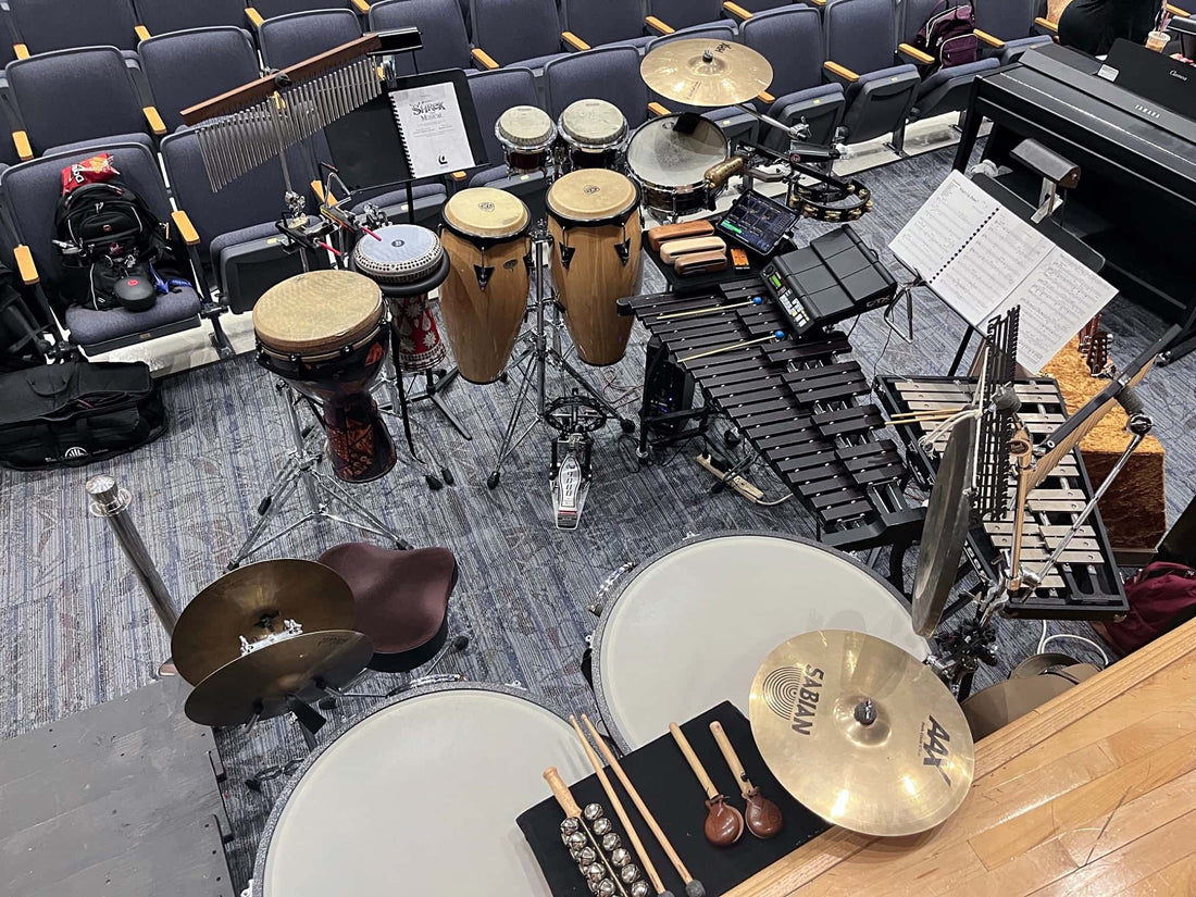 Keith Wilson's percussion setup for Shrek at Archbishop Wood Performing Arts, in Warminster, Pennsylvania.