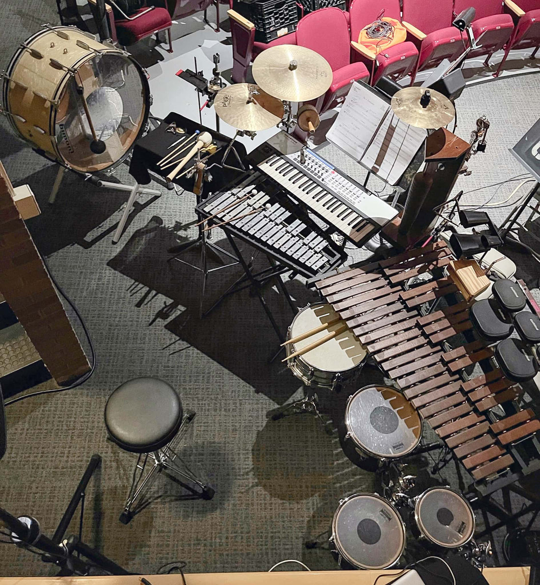 Tom Cunane's percussion setup for Into The Woods at the James O’Neill High School in Highland Falls, New York.