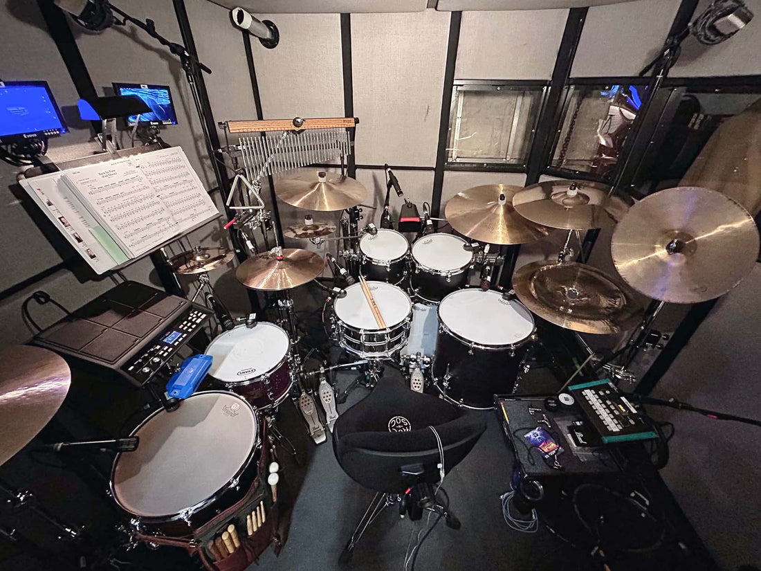 Jaren Angud’s drum-set setup up for the 1st National Tour of Back To The Future at the Proctors Theater in Schenectady, New York.