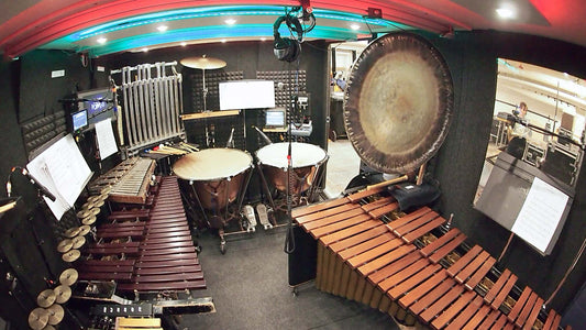 Rob Tucker's percussion setup for Mary Poppins at the 5th Avenue Theatre in Seattle, Washington.