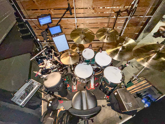Ed Birch's drum and percussion setup for "Come From Away" at the Meadow Brook Theatre in Auburn Hills, Michigan.